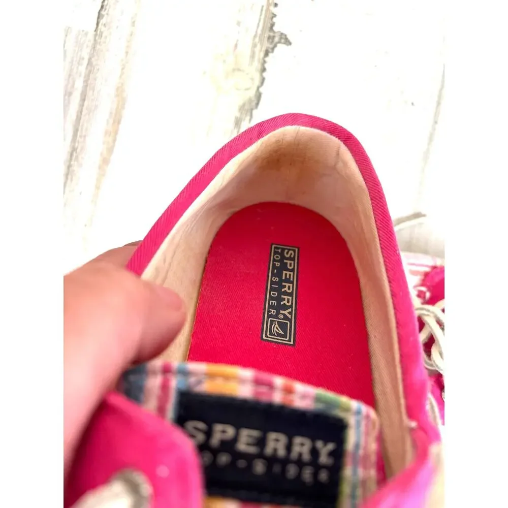 Sperry Womens 10 Pink Pastel Plaid Sequin Boat Shoes Coastal Chic